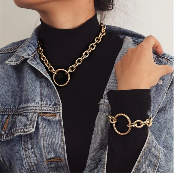 ❤️5/$15💚 Large Chunky Punk Eternity Collar O-ring Jewelry Set Necklace Bracelet - Picture 1 of 3